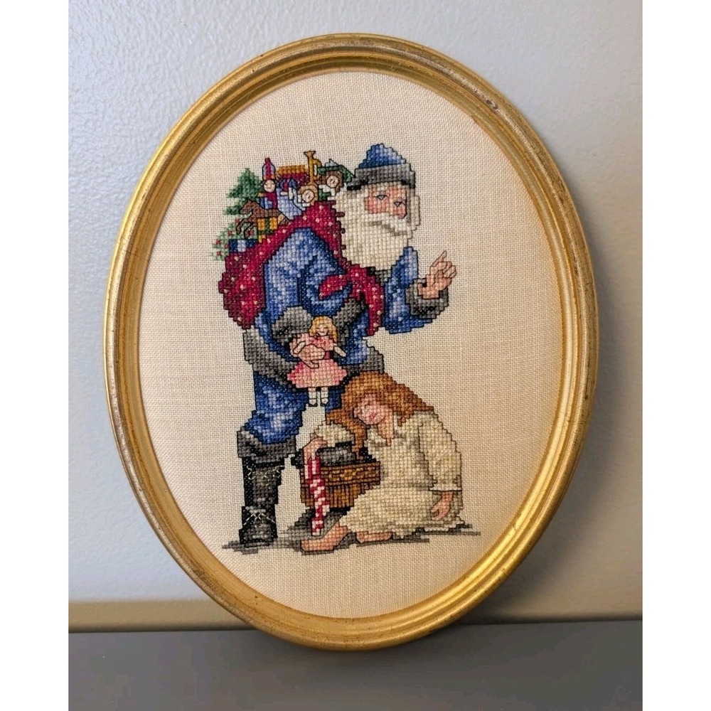 Vintage Framed Needlepoint Santa Privative Framed Medium Cottage Core Christmas